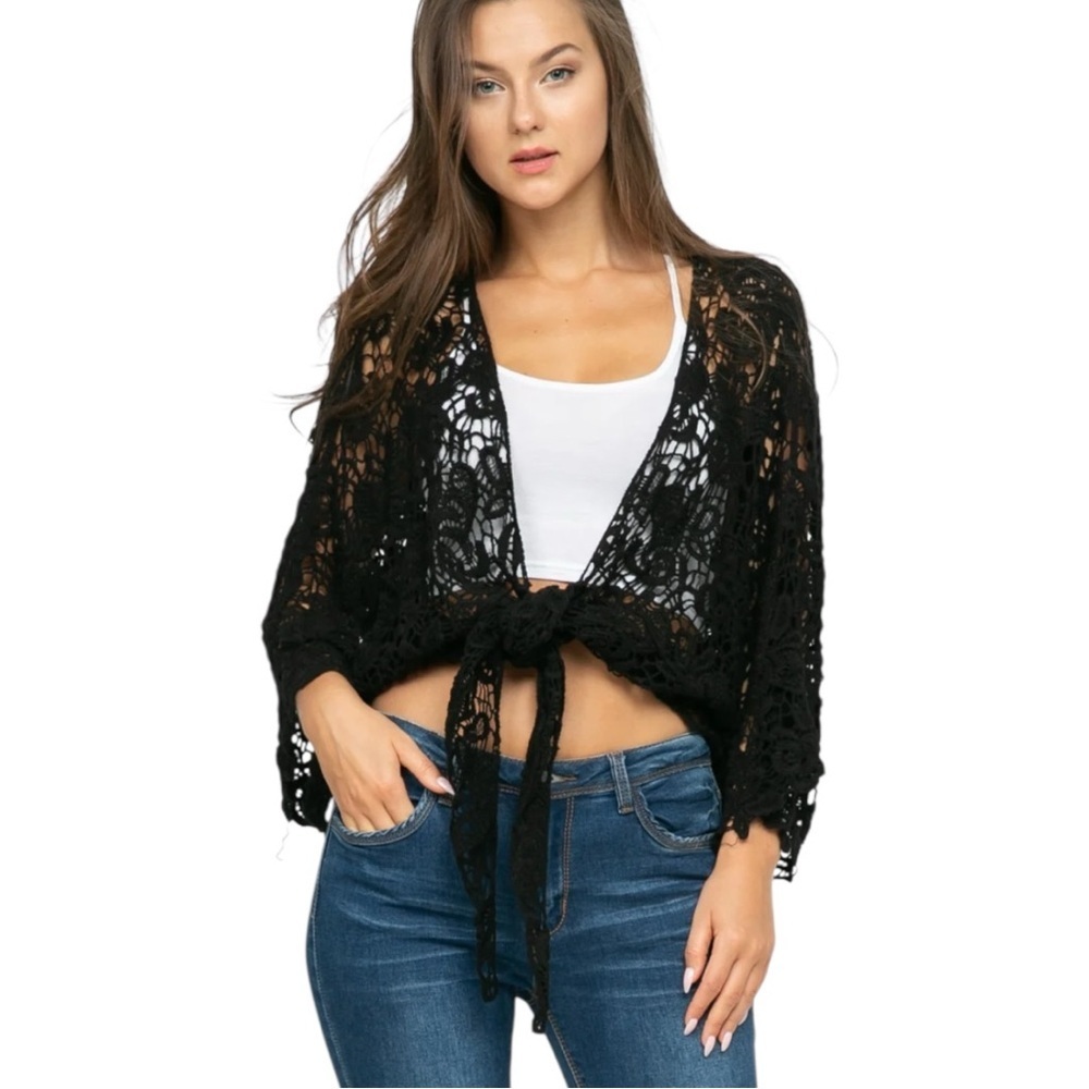 Raj Black Crochet Tie-Front Shrug